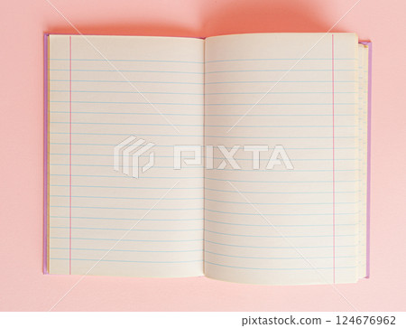 Copybook Mockup, Pink Notebook on Office Desk with Copy Space for Text, Moleskin Template Copybook Mockup, Pink Notebook on Office Desk with Copy Space for Text, Moleskin Template 124676962