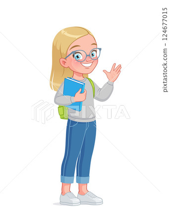 Cute little school girl in eyeglasses greeting. Cartoon vector illustration. 124677015