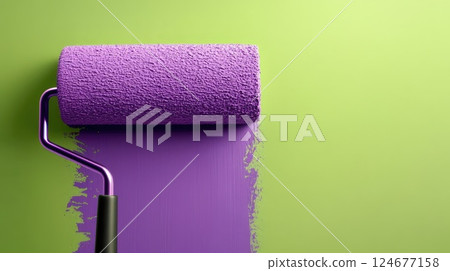 The paint roller draws a vertical purple line smear on a green background with copy space 124677158