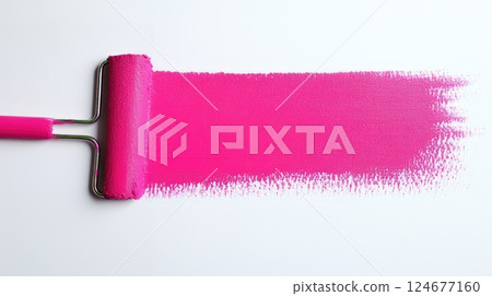 The paint roller draws a pink line smear on a white background with space to copy The paint roller draws a pink line smear on a white background with space to copy 124677160