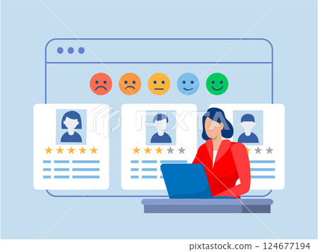 Customer feedback concept,woman use smart phone for Credit score or satisfaction measurement, customer satisfaction level emoji level. feedback star rating with good and bad emotions. vector 124677194