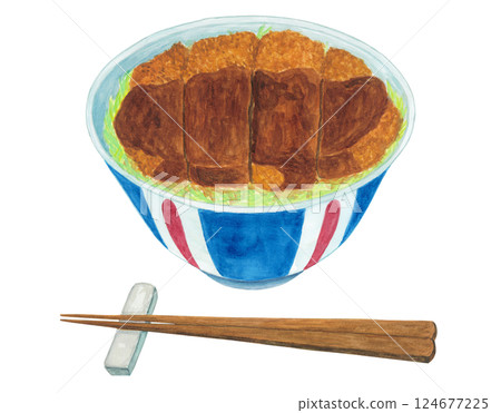 醬汁豬排蓋飯的水彩插圖 124677225