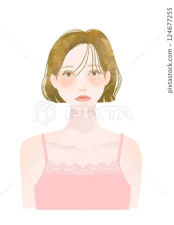 穿著吊帶背心的女人美女插畫個人色彩：黃色為主的春天 124677255