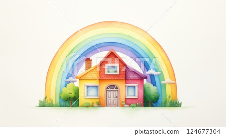 bright colored drawing of a house with a rainbow isolated on a white background bright colored drawing of a house with a rainbow isolated on a white background 124677304
