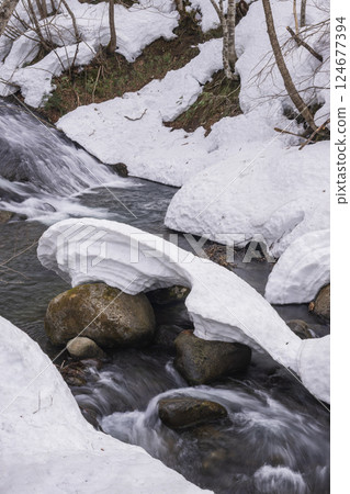 A clear stream flowing through the snow A clear stream flowing through the snow 124677394