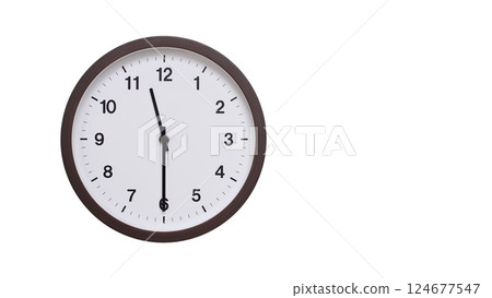 A simple round wall clock with a dark brown frame and a white face displaying 11:30/23:30. Isolated on a white background, perfect for time-related concepts, deadlines, and schedule themes. 124677547