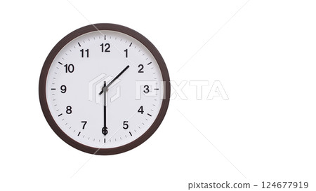 A simple round wall clock with a dark brown frame and a white face displaying 01:30/13:30. Isolated on a white background, perfect for time-related concepts, deadlines, and schedule themes. 124677919