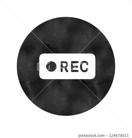 用於錄製的白色 REC 按鈕圖示（黑色圓圈背景，水彩風格） 124678011