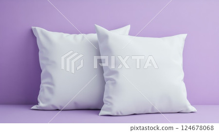 Two premium quality square white pillows cushion front view mockup isolated on purple background 124678068