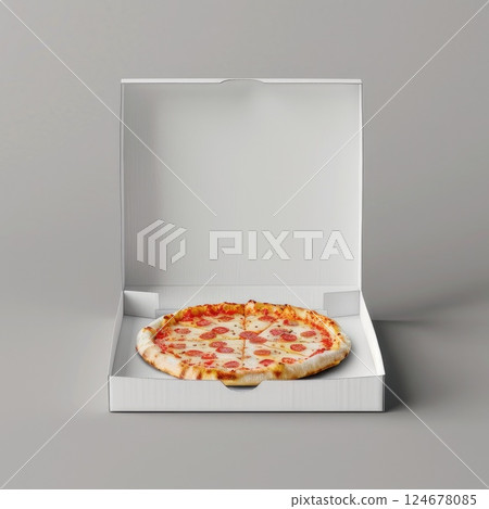 Pizza in a cardboard white box isolated on a grey background. Delicious, juicy, flavorful food. Quick snack. Bad fast food 124678085