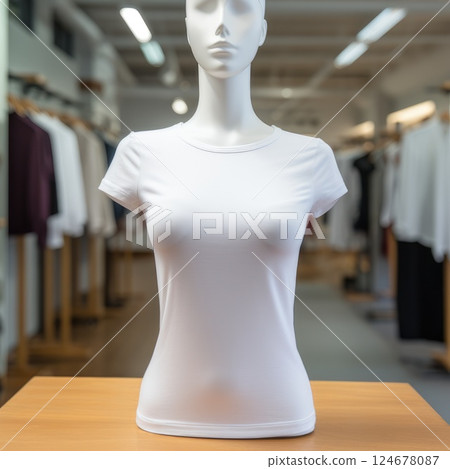 a white woman T-shirt on a mannequin against the blurred background of a boutique mockup 124678087