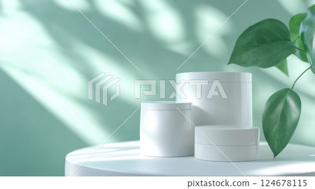 a podium with clean white mockups of cosmetic jars with plant leaves and an empty space for text a podium with clean white mockups of cosmetic jars with plant leaves and an empty space for text 124678115
