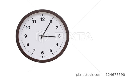 A simple round wall clock with a dark brown frame and a white face displaying 03:05/15:05. Isolated on a white background, perfect for time-related concepts, deadlines, and schedule themes. A simple round wall clock with a dark brown frame and a white face displaying 03:05/15:05. Isolated on a white background, perfect for time-related concepts, deadlines, and schedule themes. 124678390