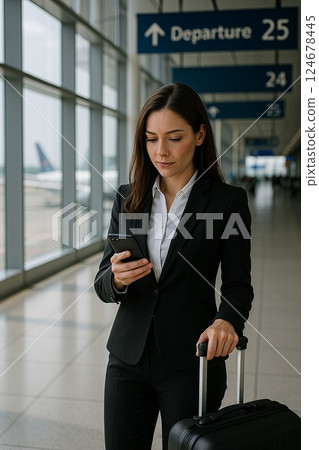 機場裡，一位穿著西裝的女士拉著行李箱，盯著她的智慧型手機 124678445