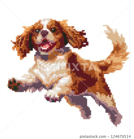 Funny playful dynamic spaniel jumps on a white background. pixel art, graphics 124678514