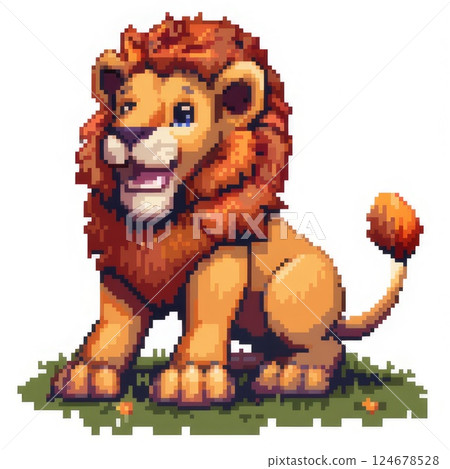 colorful illustration with a lion on the grass on white background. print, design, postcard. Pixel art colorful illustration with a lion on the grass on white background. print, design, postcard. Pixel art 124678528