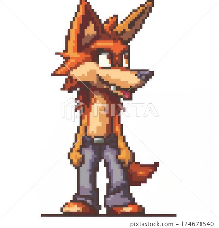 colorful illustration with a funny cayote in jeans on white background. print, design, postcard. Pixel art 124678540
