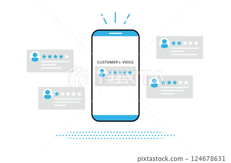 Illustration showing customer reviews posted on a smartphone 124678631