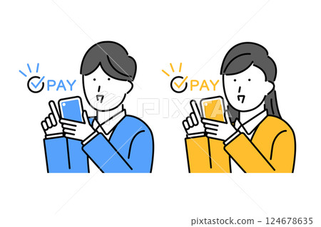 Illustration of a young man and woman making a payment with a smartphone Illustration of a young man and woman making a payment with a smartphone 124678635