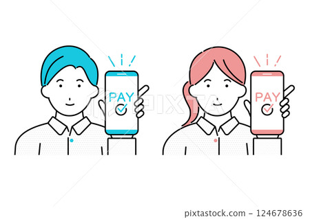 插圖：一位年輕男士和一位女士在智慧型手機上展示付款完成螢幕 124678636