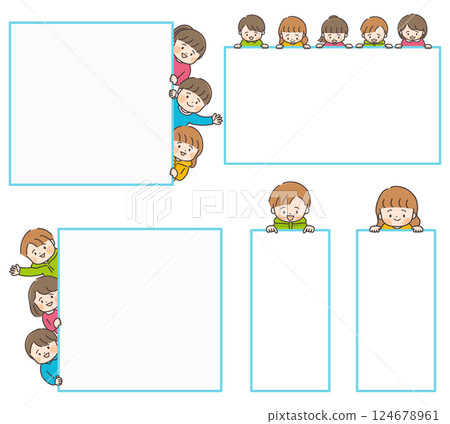 An illustration set of children popping their heads out from the side and looking down (with copy space) 124678961