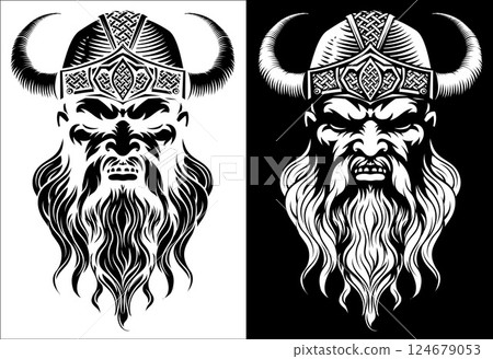 Viking Warrior Man Strong Mascot Face in Helmet Viking Warrior Man Strong Mascot Face in Helmet 124679053