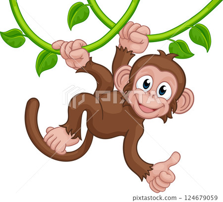 Monkey Singing On Jungle Vines Thumbs Up Cartoon 124679059