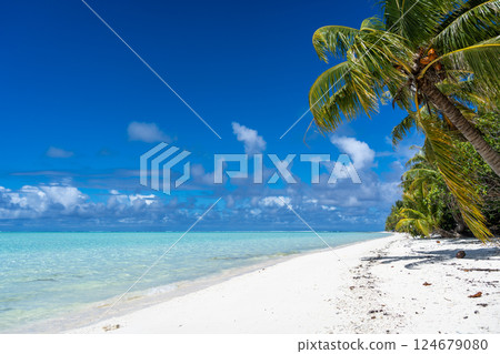 Idyllic white sand beach with coconut trees in Maupiti, French Polynesia Idyllic white sand beach with coconut trees in Maupiti, French Polynesia 124679080