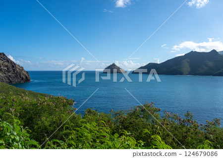 Cliffs and coastline of Taiohae Bay in Nuku Hiva, Marquesas Islands, French Polynesia Cliffs and coastline of Taiohae Bay in Nuku Hiva, Marquesas Islands, French Polynesia 124679086
