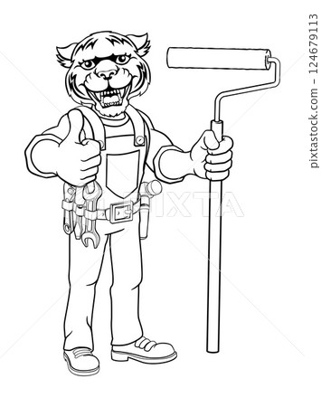 Rhino Painter Decorator Paint Roller Mascot Man Rhino Painter Decorator Paint Roller Mascot Man 124679113