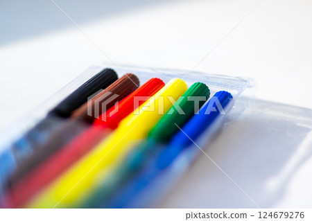 A vibrant assortment of colorful markers neatly organized in a clear case A vibrant assortment of colorful markers neatly organized in a clear case 124679276