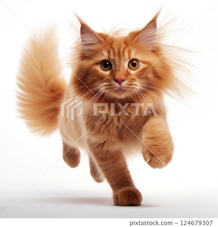 ginger fluffy cat in motion on a white background 124679307