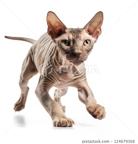 pedigreed Sphinx cat in motion on a white background 124679308