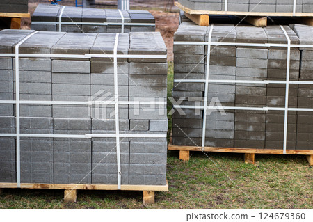 Bricks are carefully stacked on sturdy wooden pallets for transport 124679360