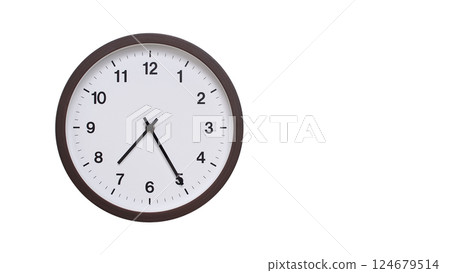 A simple round wall clock with a dark brown frame and a white face displaying 07:25/19:25. Isolated on a white background, perfect for time-related concepts, deadlines, and schedule themes. 124679514