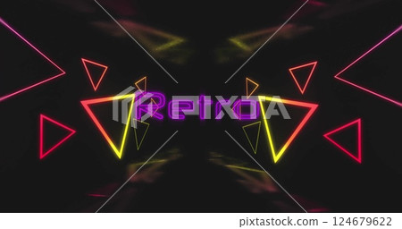 Image of retro text over neon shapes on black background 124679622