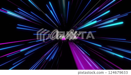 Image of on air text over colourful light trails on black background Image of on air text over colourful light trails on black background 124679633