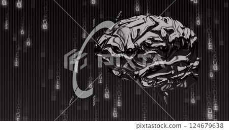 Image of binary coding and data processing with human brain over black background Image of binary coding and data processing with human brain over black background 124679638