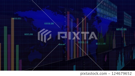 Image of digital data processing and statistics over world map on black background Image of digital data processing and statistics over world map on black background 124679652