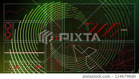 Green and red digital interface with circular patterns over data processing image Green and red digital interface with circular patterns over data processing image 124679680