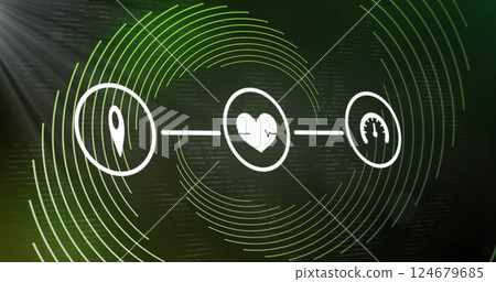 Location, heart rate, and speed icons connected over green circular patterns image 124679685