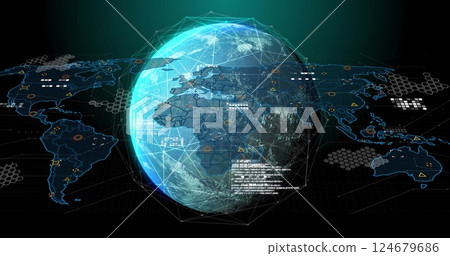 Digital world map and data visualization image over rotating globe Digital world map and data visualization image over rotating globe 124679686