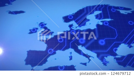 Digital network connections over map of Europe, technological image Digital network connections over map of Europe, technological image 124679712