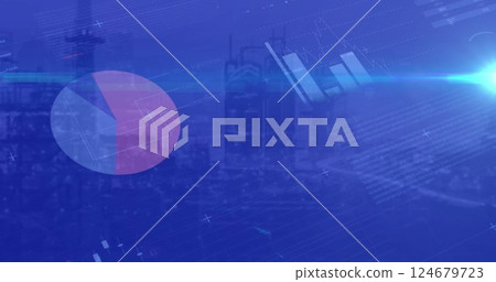 Pie chart and world map image over cityscape with financial data 124679723
