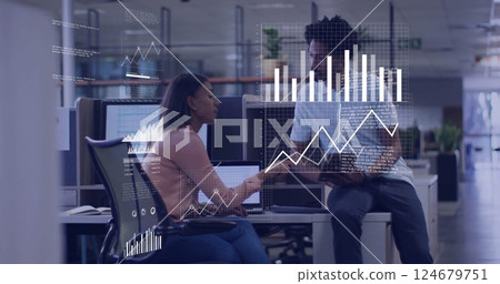 Data analytics and graphs image over business people discussing in office Data analytics and graphs image over business people discussing in office 124679751