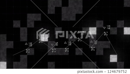 Data points and line graph over abstract black and gray grid image Data points and line graph over abstract black and gray grid image 124679752