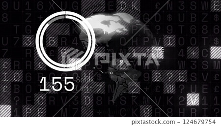 Digital data processing image over rotating globe with 155 stock limit text 124679754