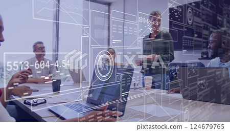Business meeting with diverse team and data processing image over office setting 124679765