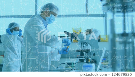 Scientists working with microscopes, mathematical equations image over laboratory scene 124679820