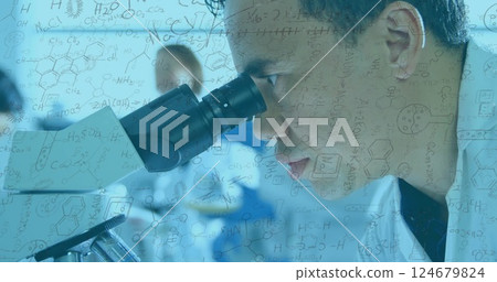 Scientist using microscope with chemical formulas image over laboratory background 124679824